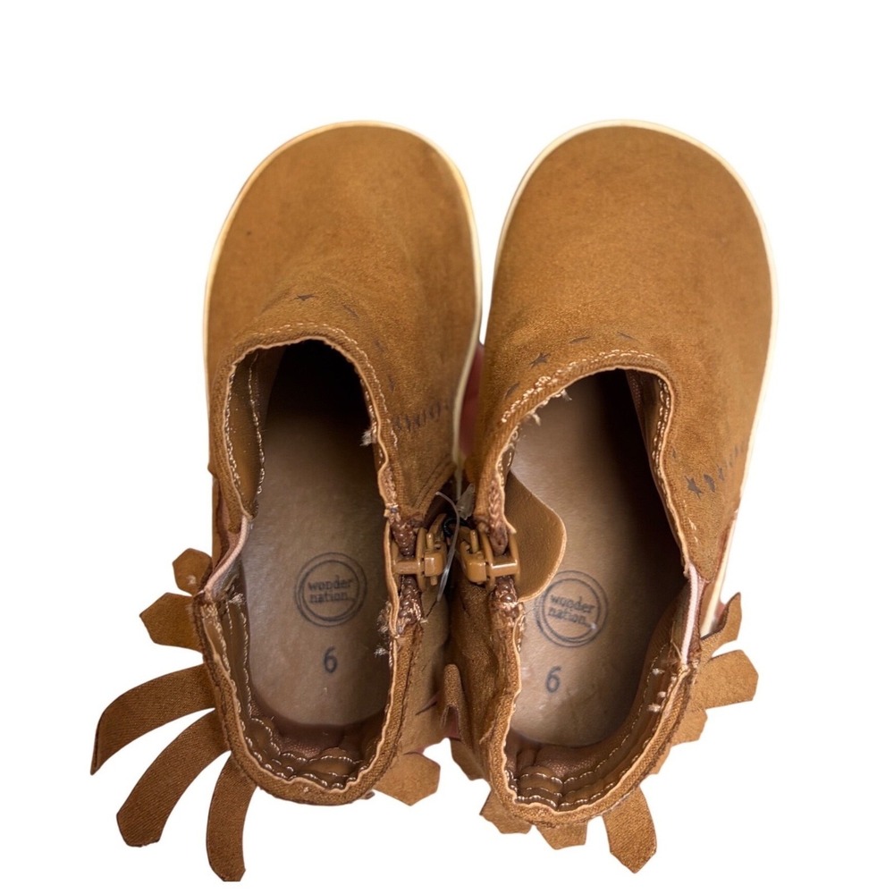 Wonder Nation Girls Faux Suede Fringe Star Ankle Boots Cognac Brown Size 6